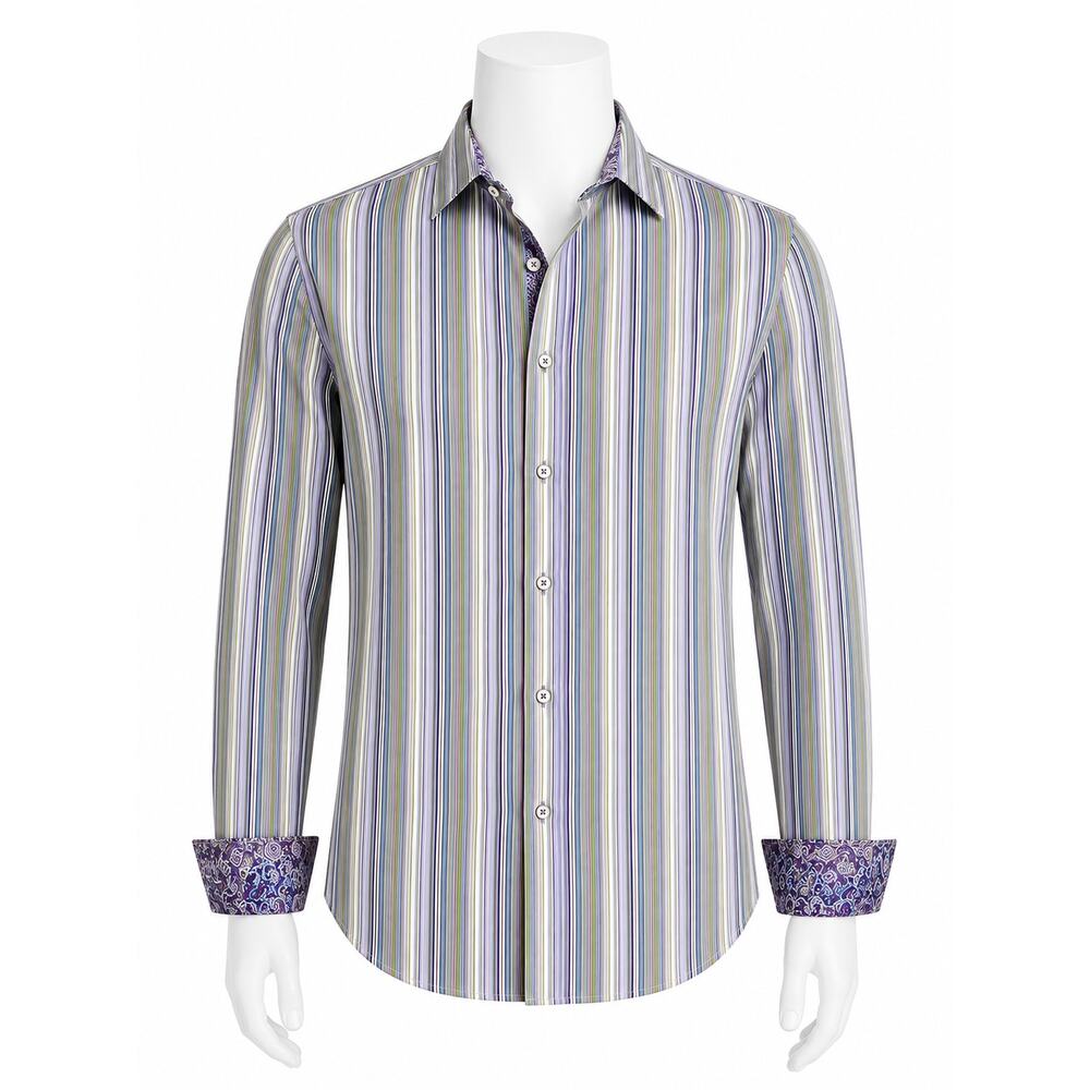 Robert Graham Men’s Long Sleeve Flip Cuff Paisley Stripe Shirt - Size M